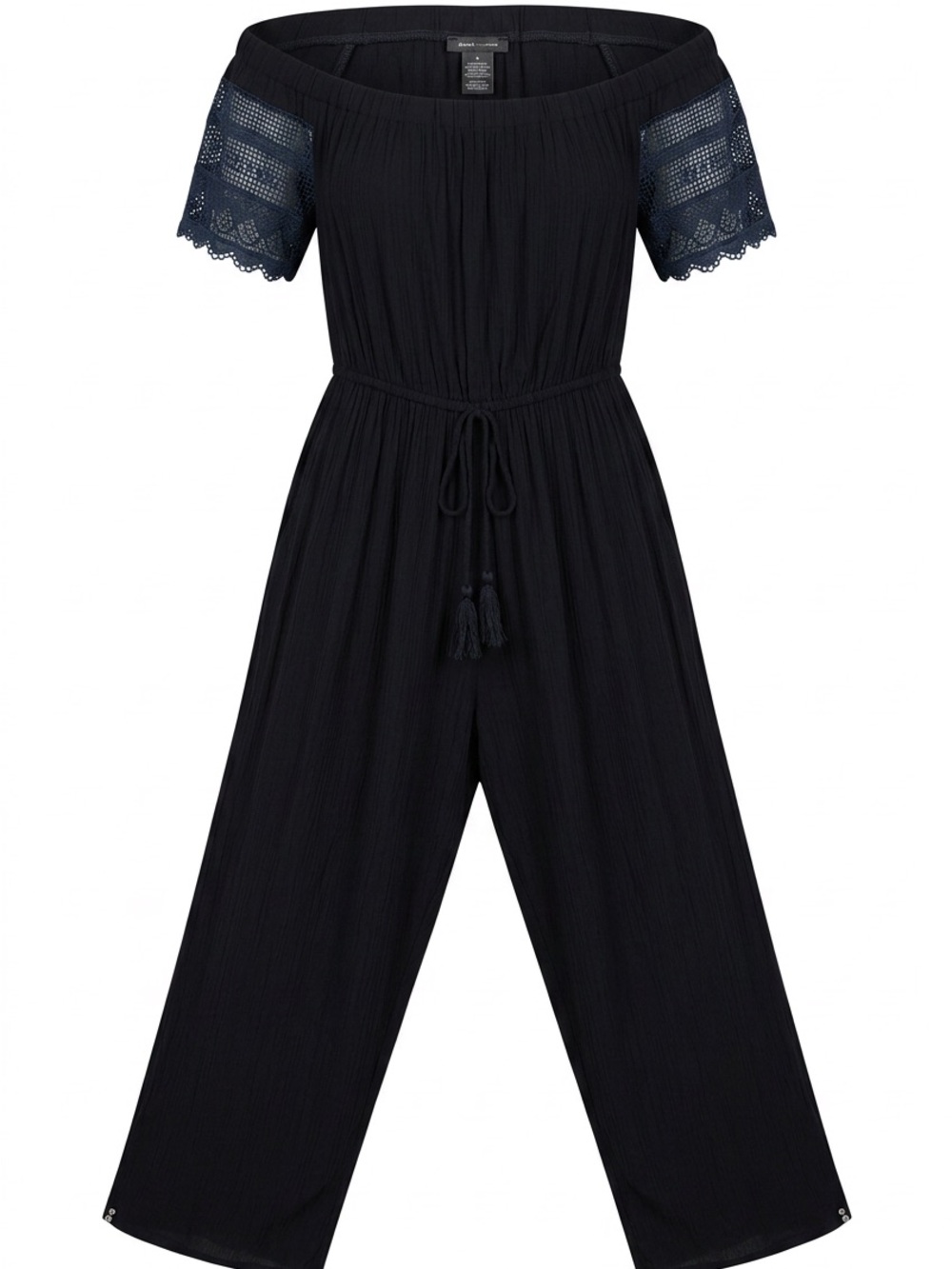 Off-Shoulder Black Lace-Sleeve Jumpsuit with Tassel Waist